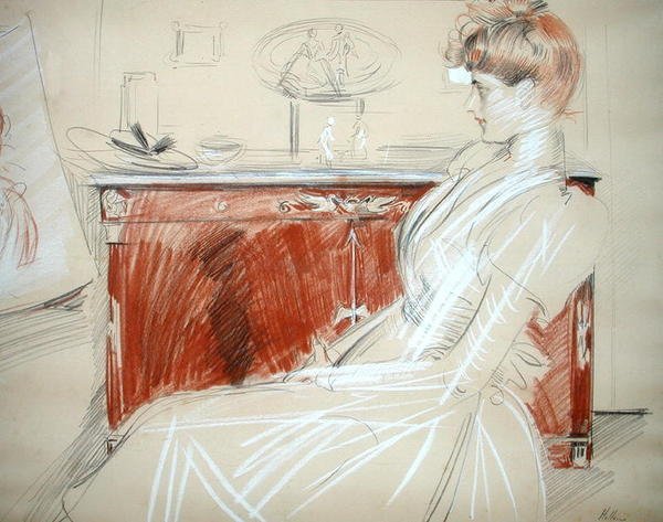Madame Helleu w swoim Salonie, ok. 1900 (ołówek i kreda na papierze) autorstwa Paul Cesar Helleu