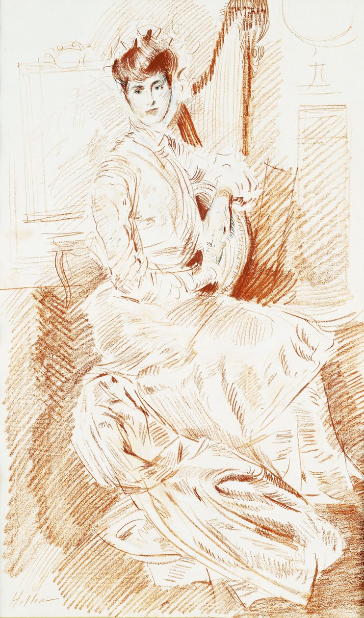 Madame Helleu siedząca przy harfie, autorstwa Paul Cesar Helleu