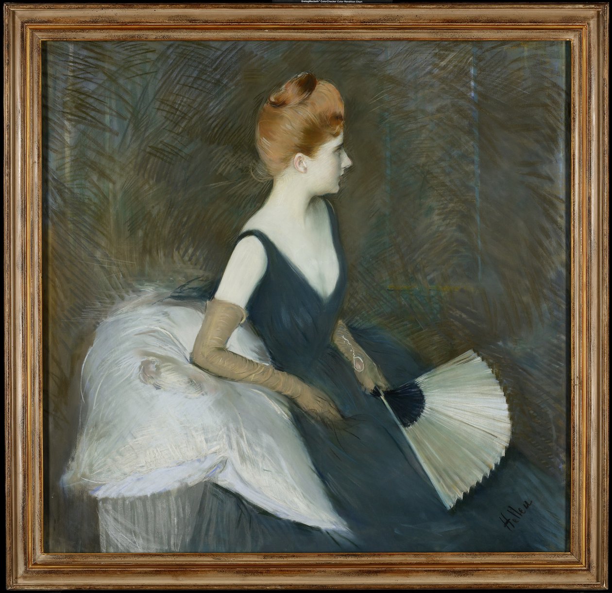 Madame Marthe Letellier siedząca na kanapie trzymająca wachlarz, ok. 1895 (pastel na płótnie) autorstwa Paul Cesar Helleu