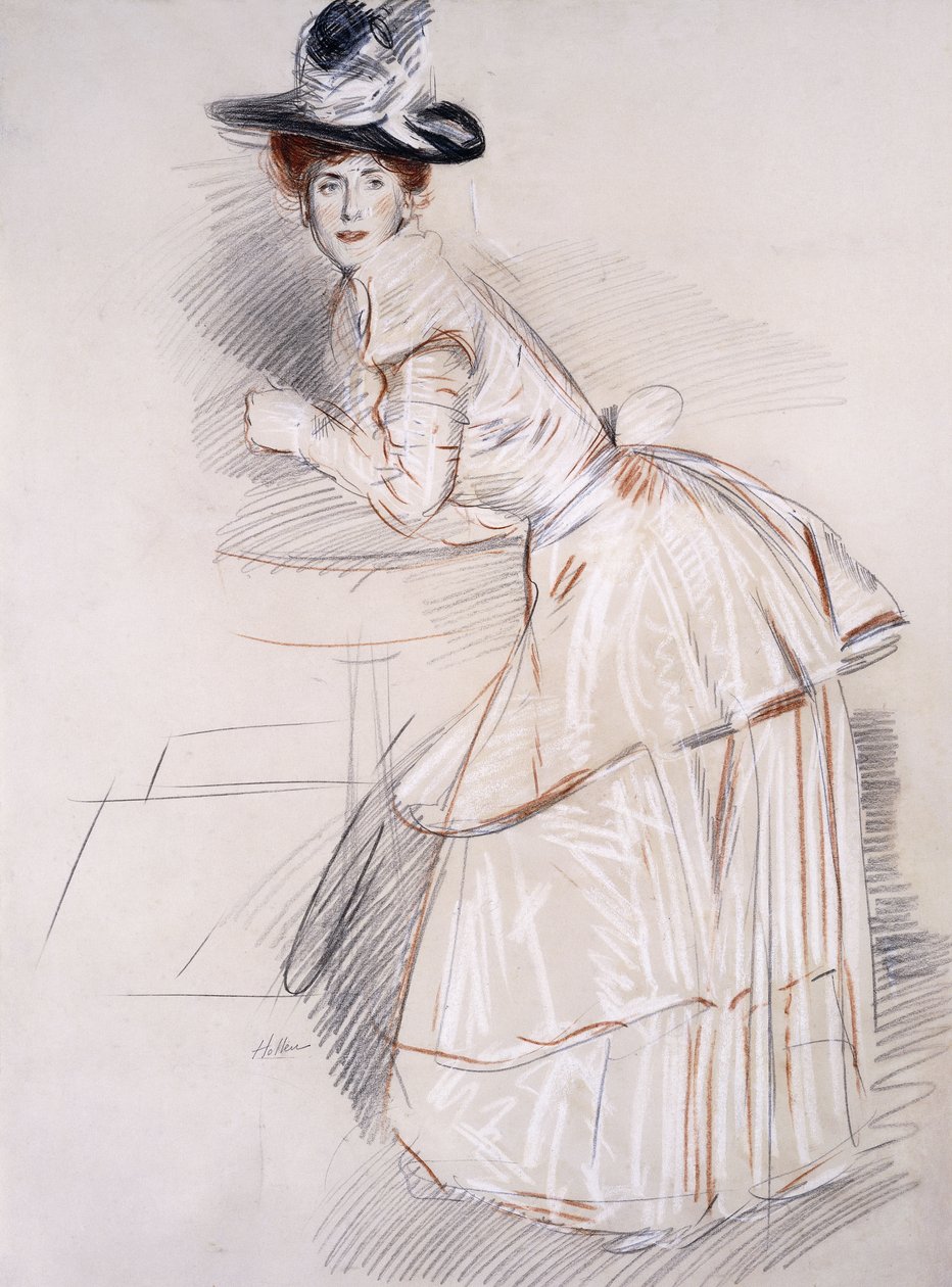 Portret Madame Helleu opierając się o stół, autorstwa Paul Cesar Helleu