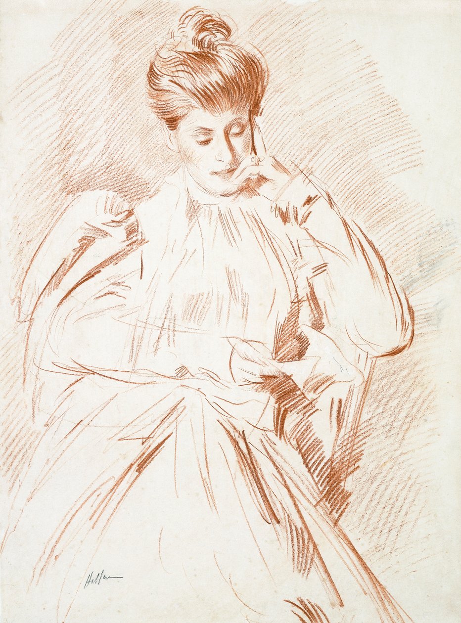 Portret Madame Helleu, czytanie, autorstwa Paul Cesar Helleu