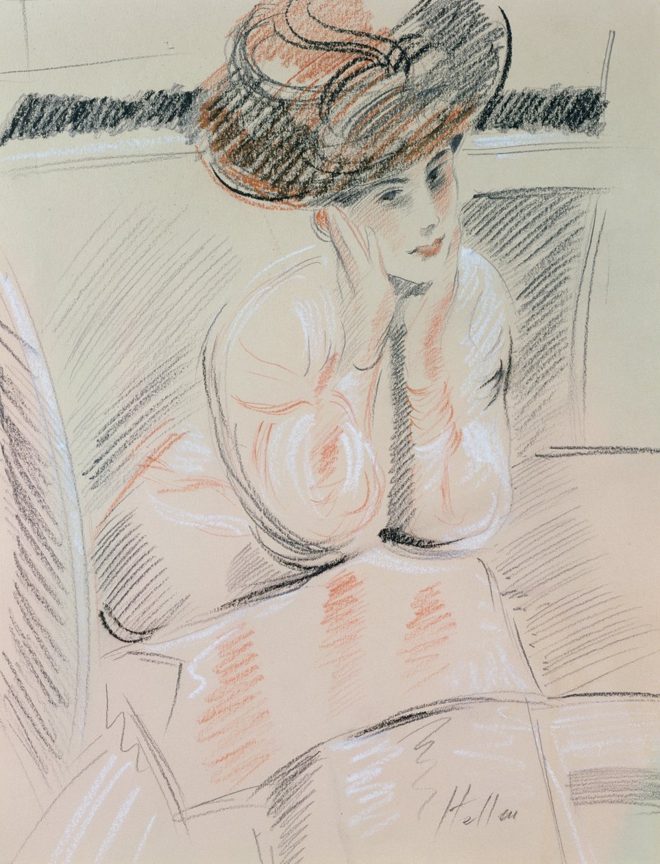 Portret damy (czarna, biała i czerwona kreda na papierze bufiastym) autorstwa Paul Cesar Helleu