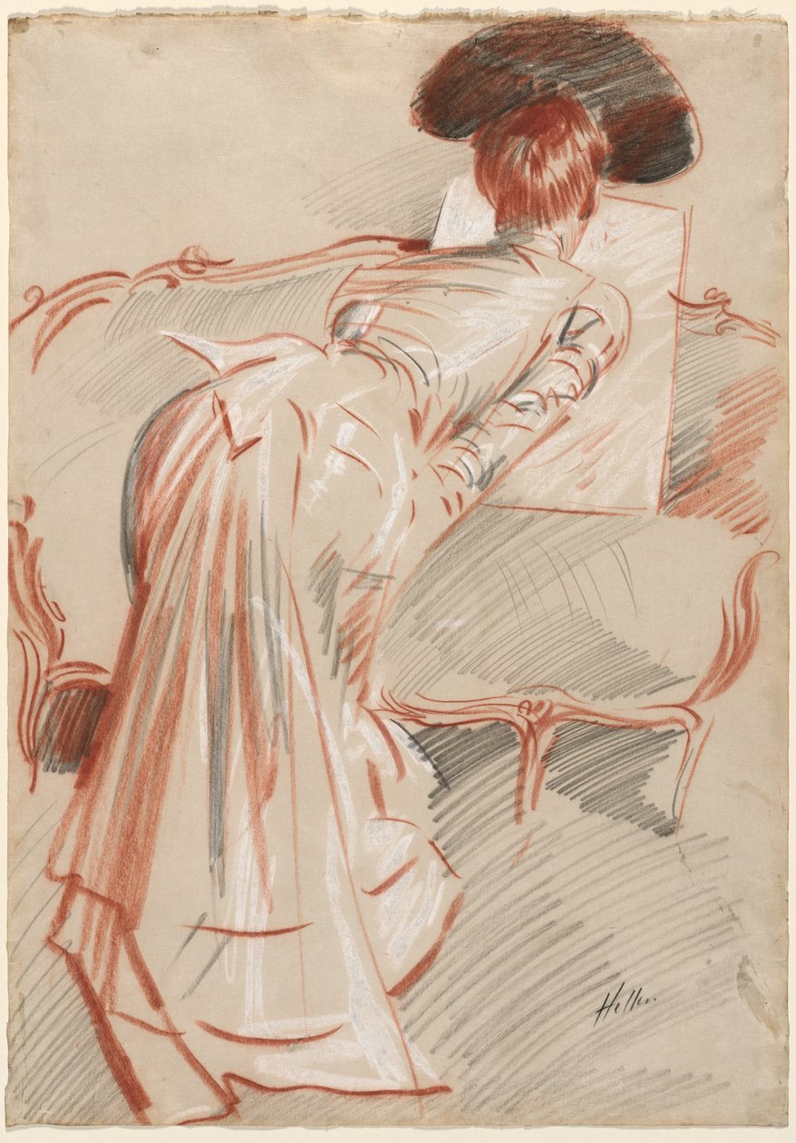 Kobieta prawdopodobnie Madame Alice Hellu patrząca na rysunek, c. 1895. autorstwa Paul Cesar Helleu