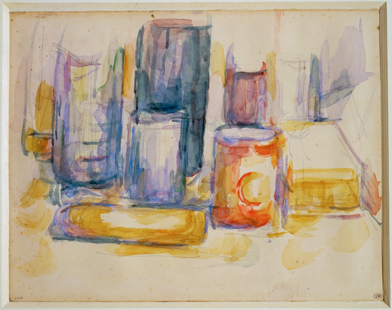 Stół kuchenny, garnki i butelki (obraz) autorstwa Paul Cézanne