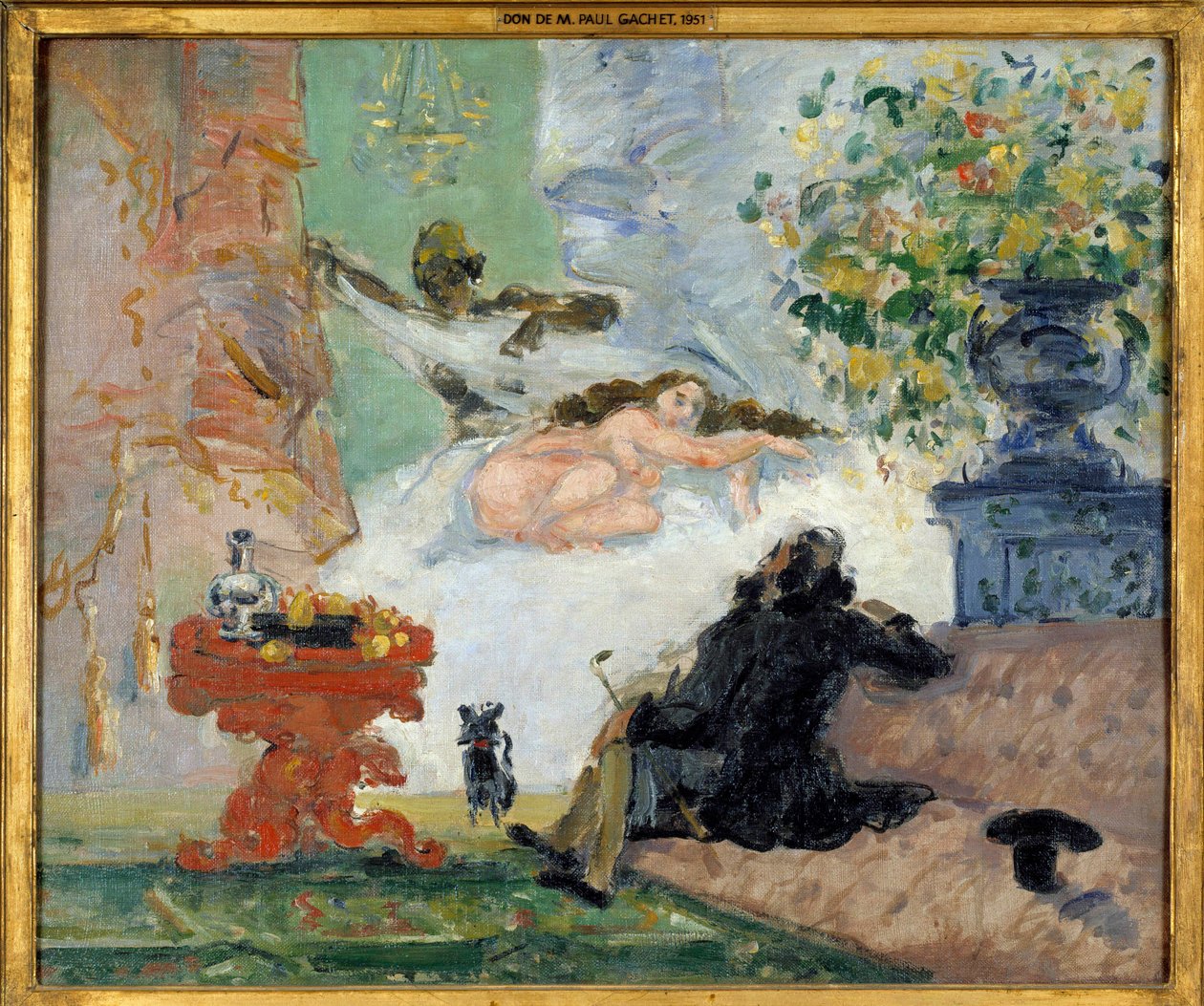 Nowoczesna Olimpia Młoda kobieta leży naga w swoim łóżku i czarnej pokojówce. Obraz Paula Cezanne
