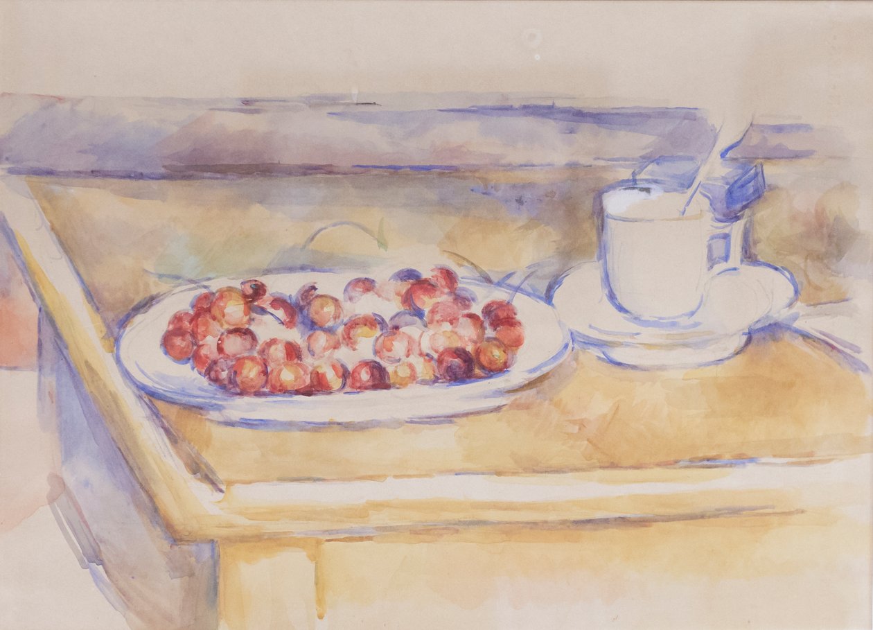 Filiżanka i półmisek z wiśniami, ok. 1890 r. (ołówek i akwarela na papierze) autorstwa Paul Cézanne