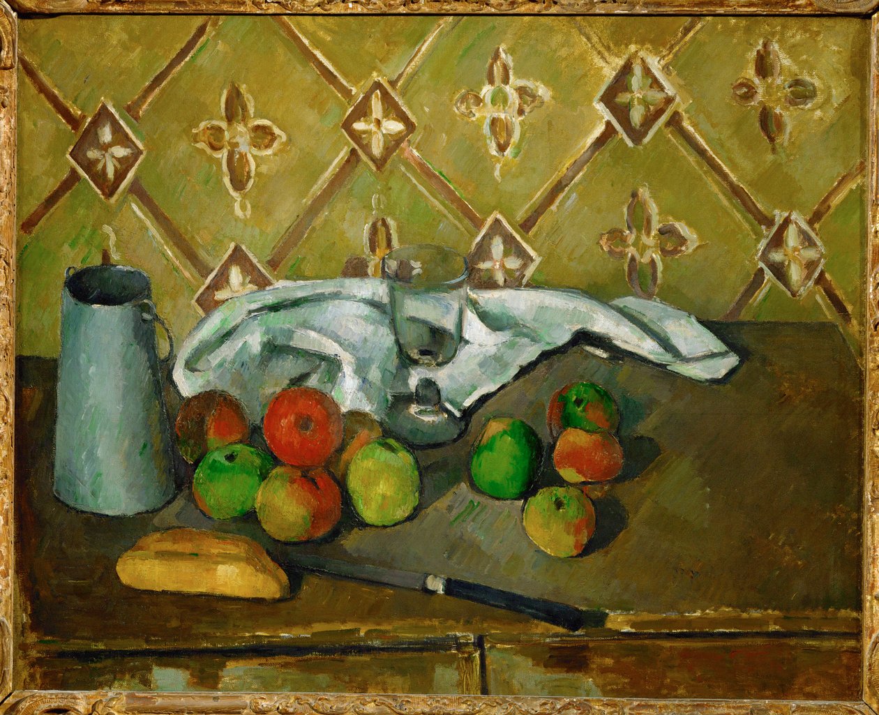 Owoce, serwetka i dzbanek mleka autorstwa Paul Cézanne