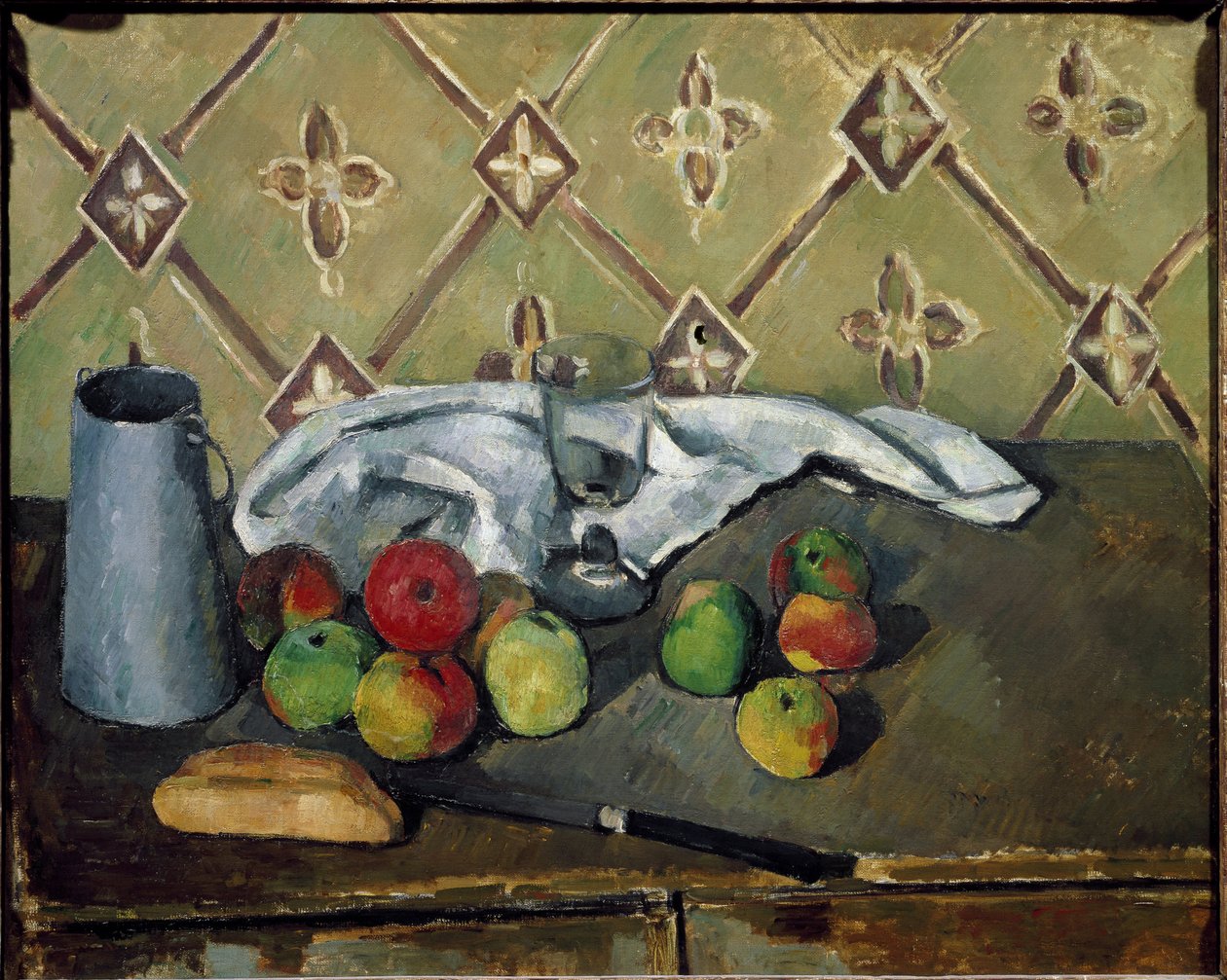Pudełko z owocami, serwetką i mlekiem - Olej na płótnie autorstwa Paul Cézanne