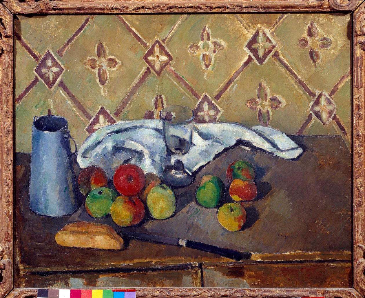 Owoce, ręcznik, chleb i pudełko na mleko Obraz Paula Cezanne
