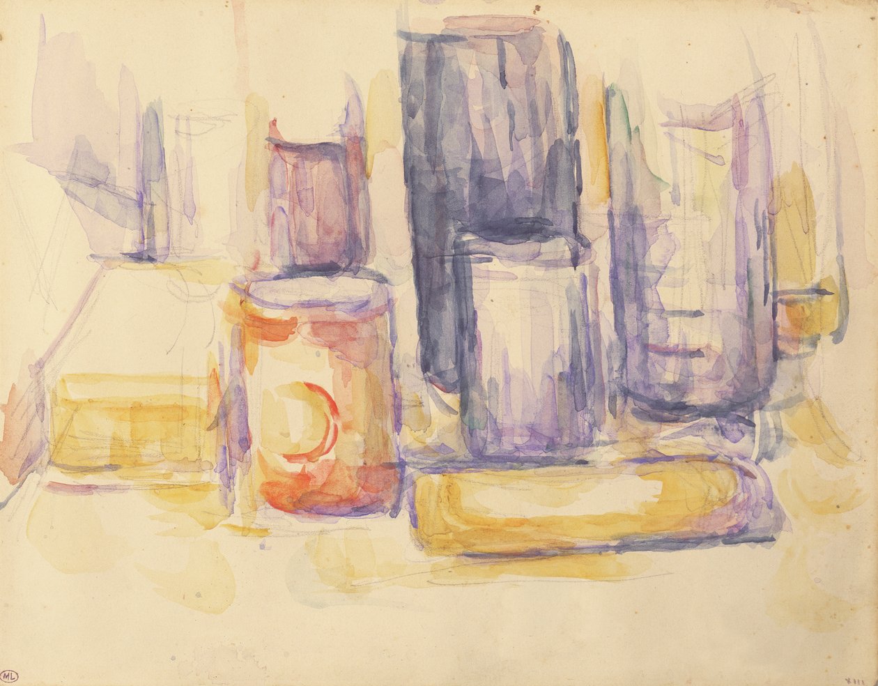 Stół kuchenny: garnki i butelki autorstwa Paul Cézanne