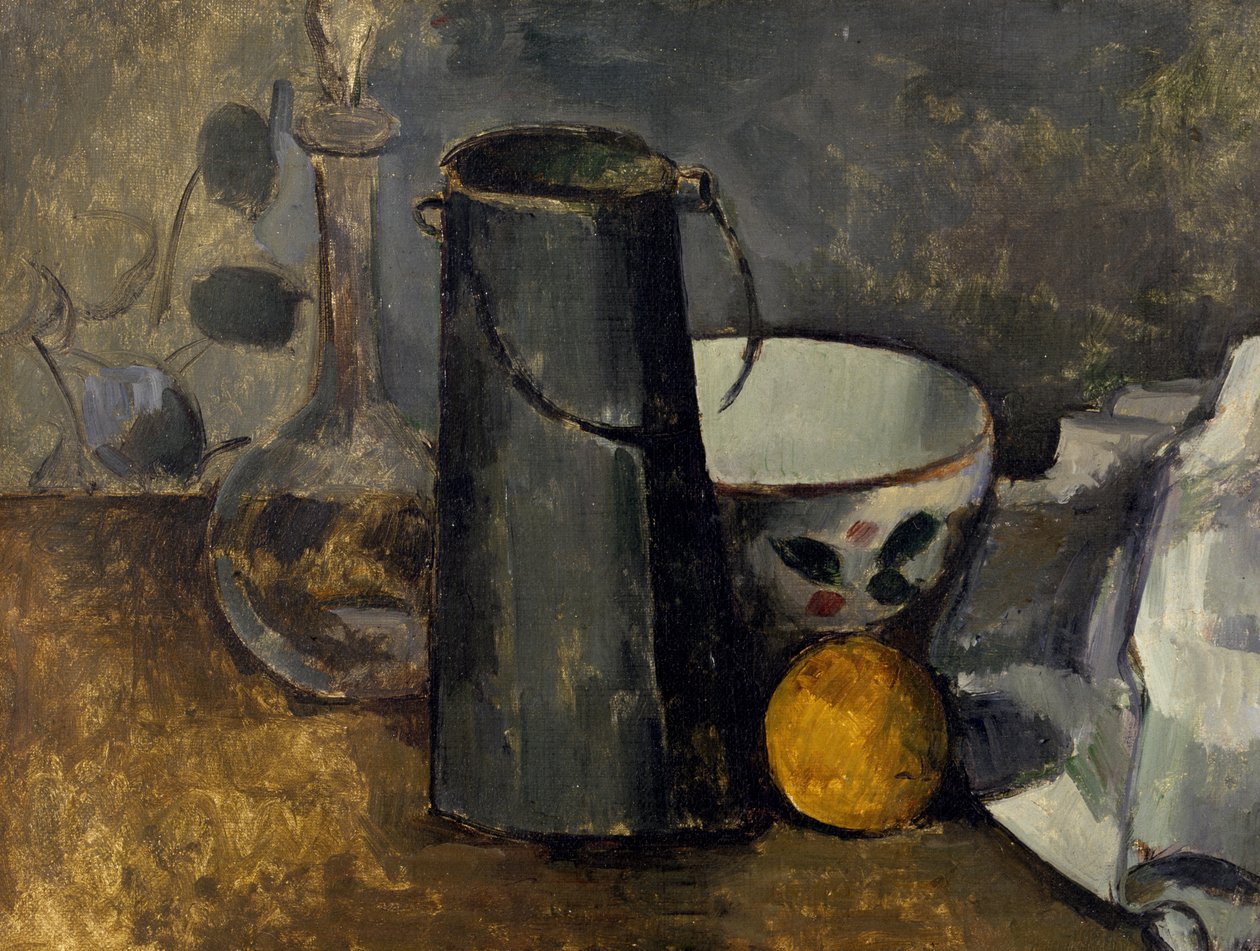 Martwa natura z karafką, puszką na mleko, miską i pomarańczą autorstwa Paul Cézanne