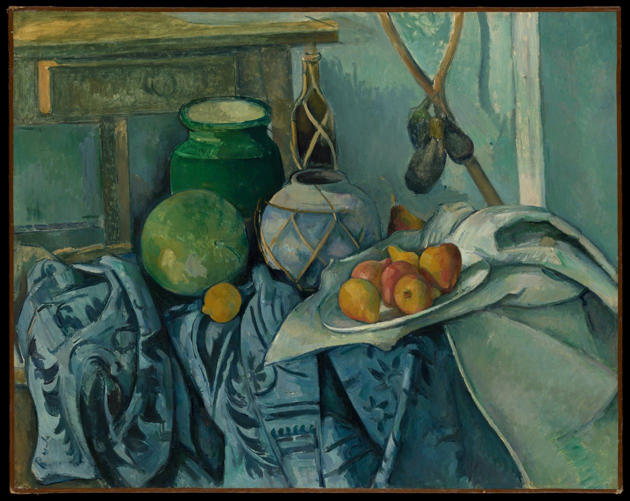 Martwa natura z imbrykiem na imbir i bakłażanami autorstwa Paul Cézanne