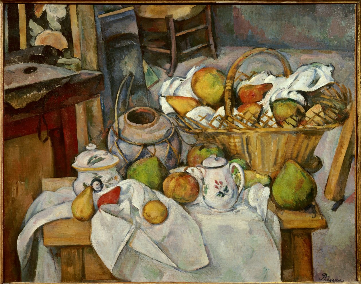 Stół kuchenny Still Life z koszem owoców pozuje na stole. Obraz Paula Cezanne