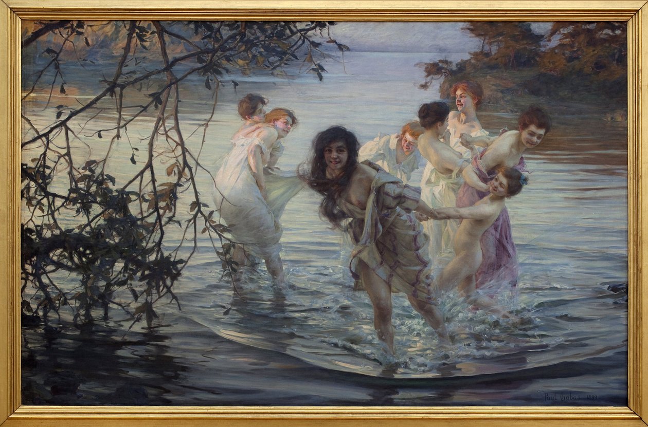 Wesołych ebatów. Młode kobiety bawią się podczas pływania w wodzie rzeki. Obraz Paula Emile Chabasa (1869-1937), olej na płótnie, ok. 1899. Muzeum Sztuk Pięknych w Nantes. autorstwa Paul Chabas
