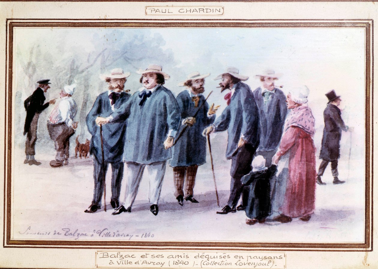 Francuski pisarz Honore de Balzac (1799-1850) i jego przyjaciele przebierają się za chłopów w mieście Avray w 1840 roku. Akwarela namalowana z pamięci przez Paula Chardina (1833-?) autorstwa Paul Chardin