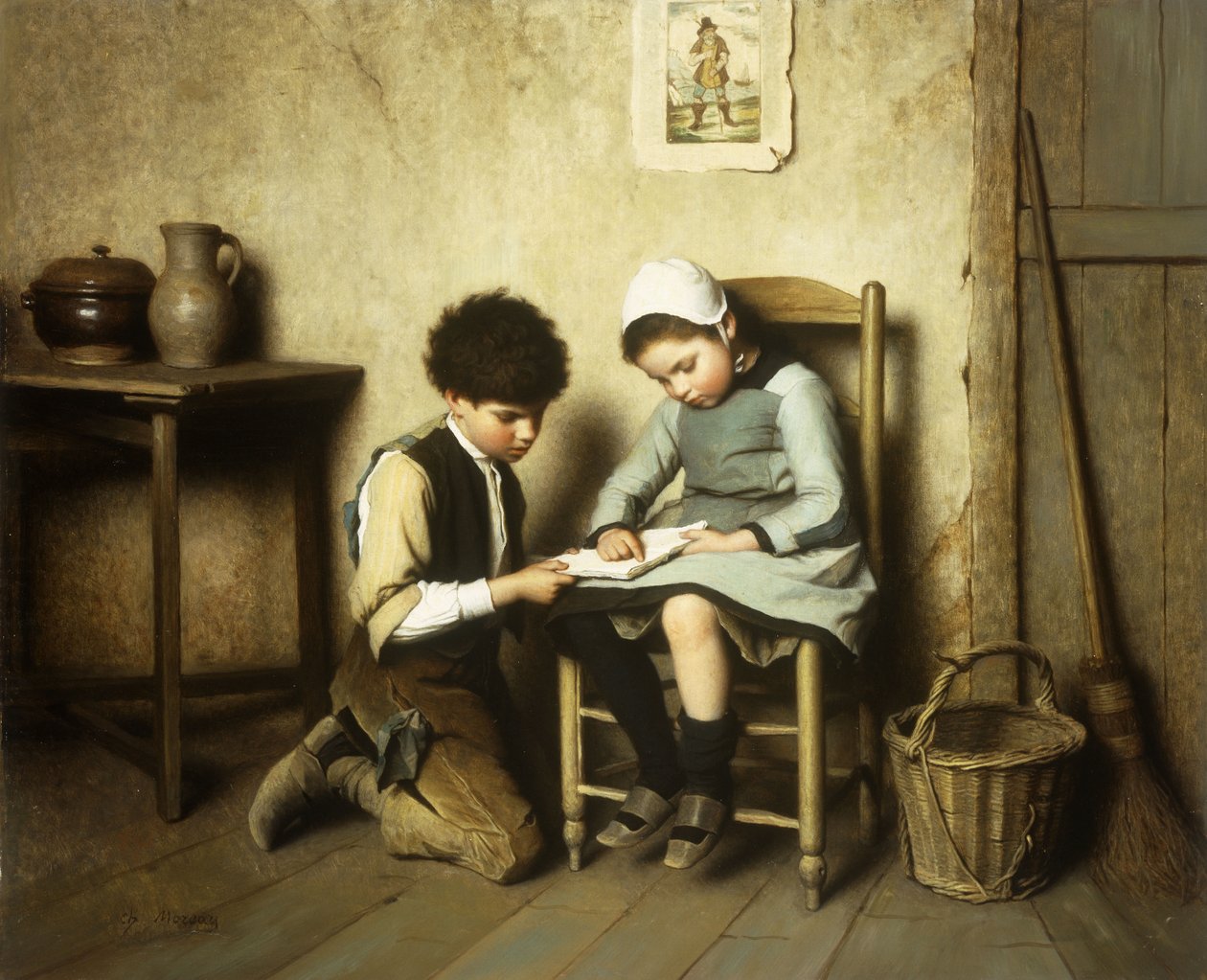 Dzielenie się książką (olej na płótnie) autorstwa Paul Charles Chocarne Moreau
