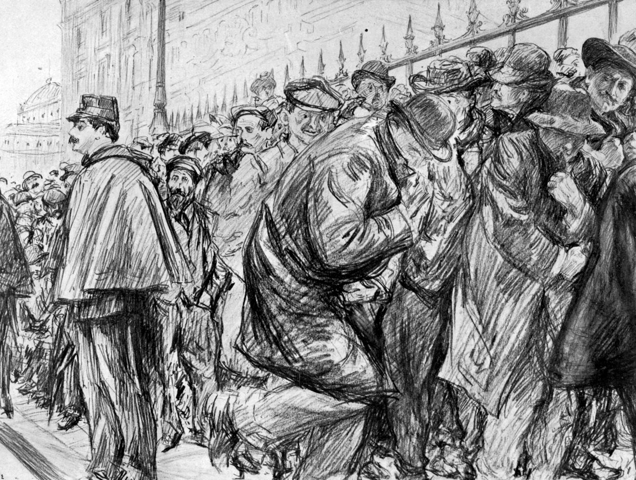 Kolejka przed Pałacem Sprawiedliwości podczas procesu Marguerite Steinheil, Paryż, Francja, 1909 autorstwa Paul Charles Renouard