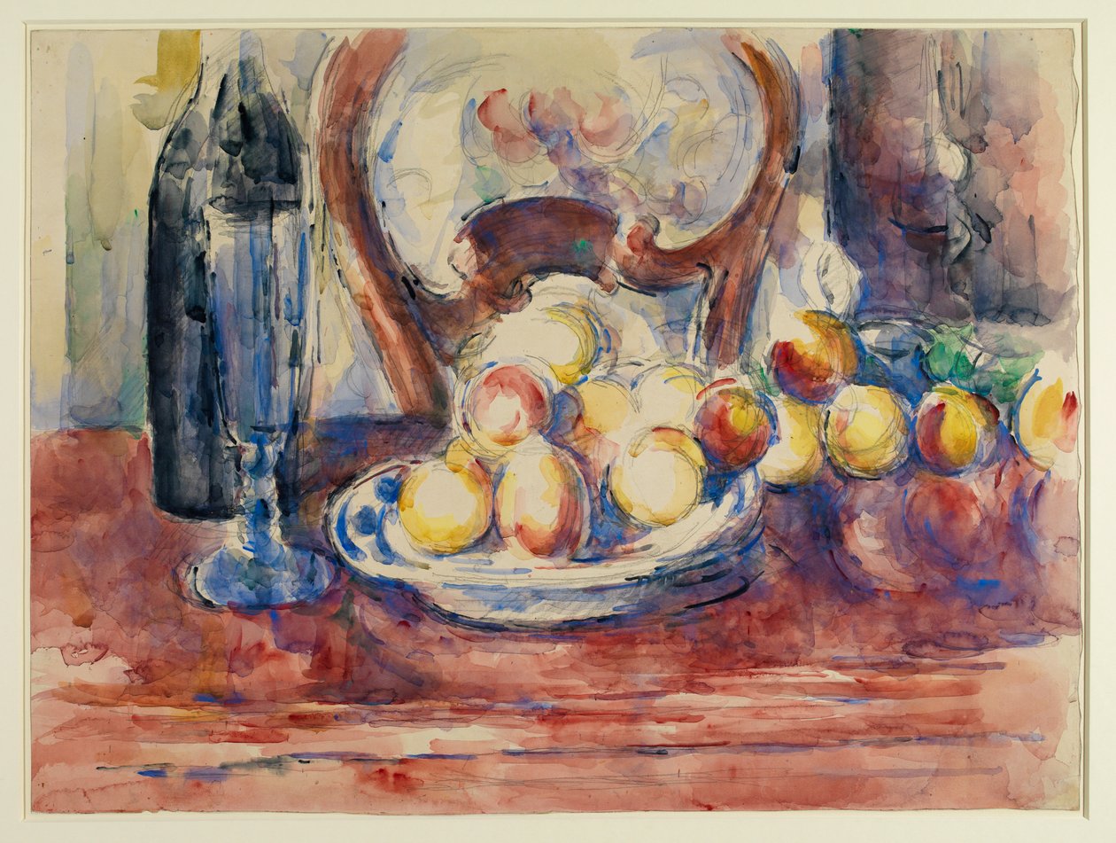 Jabłka, butelka i oparcie krzesła, ok. 1904-06 ok. (grafit i akwarela na papierze tkanym) autorstwa Paul Cézanne