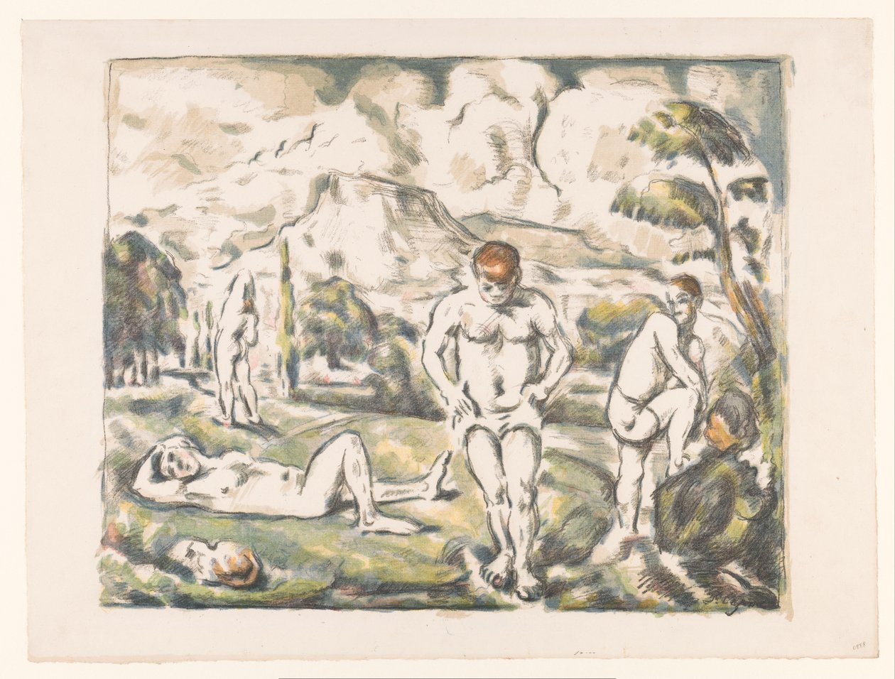 Kąpiący się mężczyźni w pagórkowatym krajobrazie Les Grands Baigneurs Baigneurs au repos autorstwa Paul Cézanne