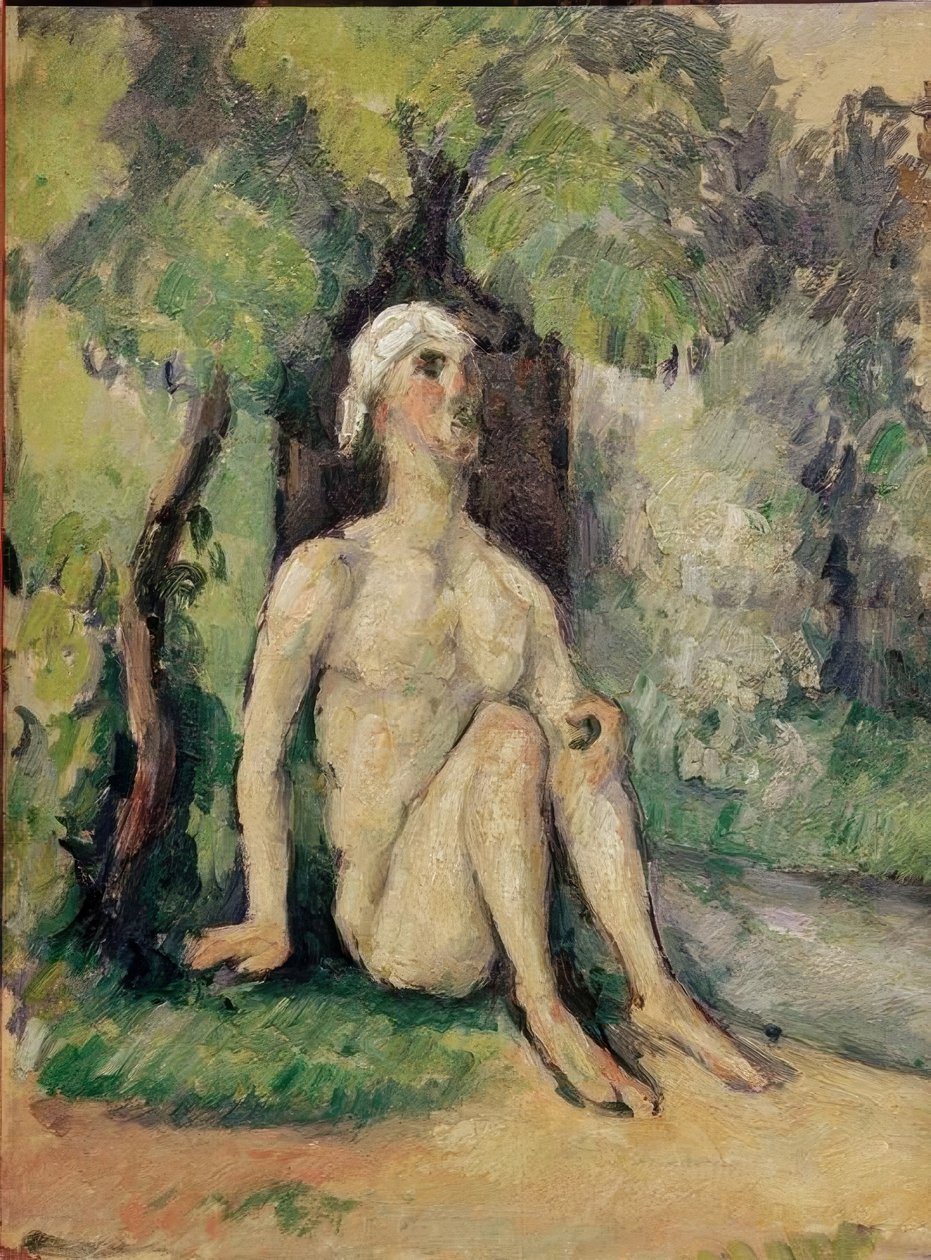 Kąpiący się siedzący nad wodą autorstwa Paul Cézanne