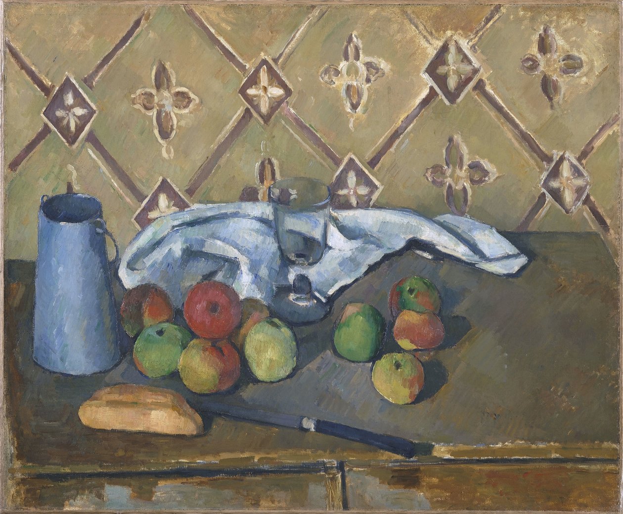 Owoce, serwetka i dzbanek na mleko autorstwa Paul Cézanne