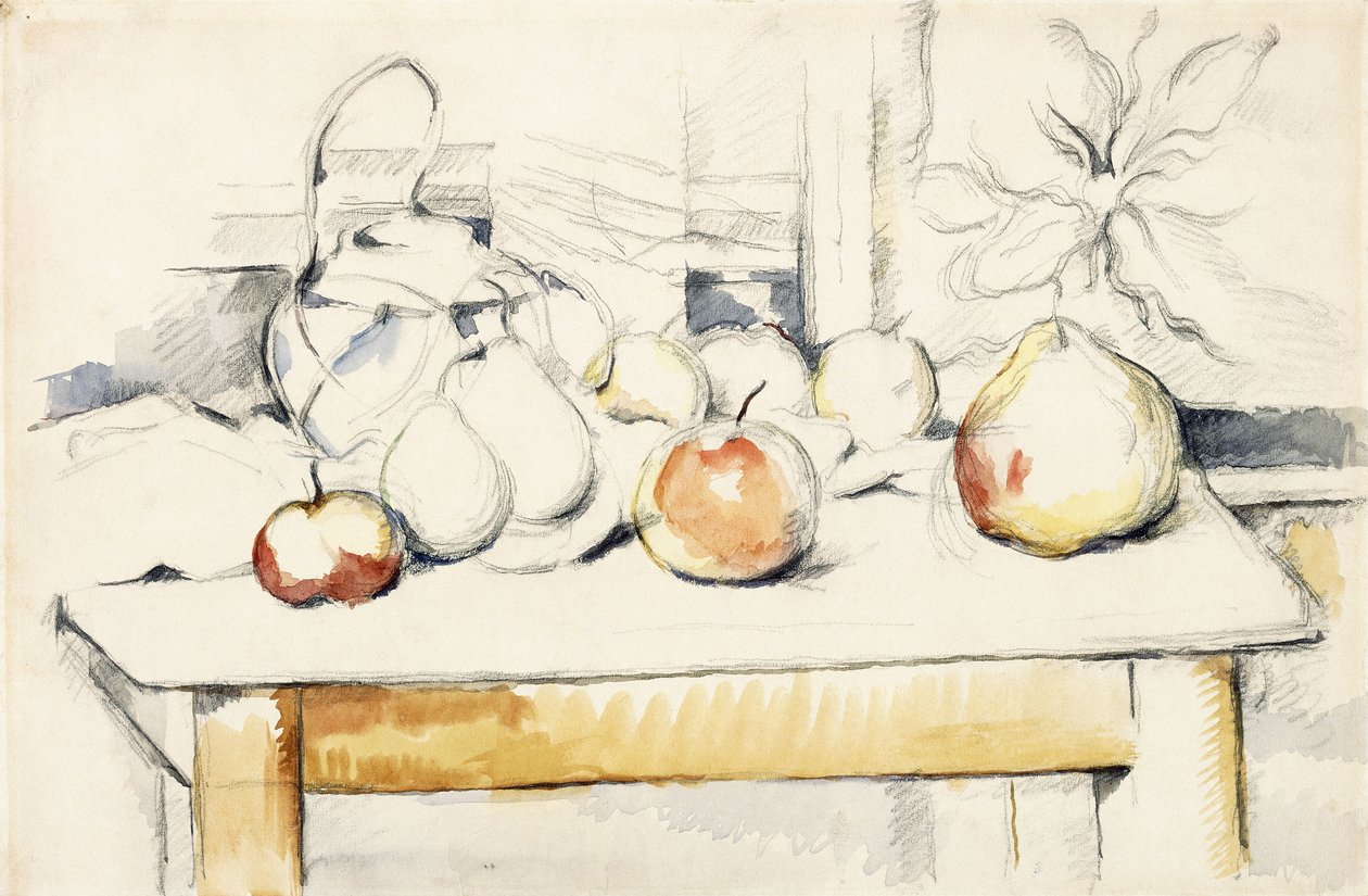 Słoik imbiru i owoce na stole, 1888-90 autorstwa Paul Cézanne