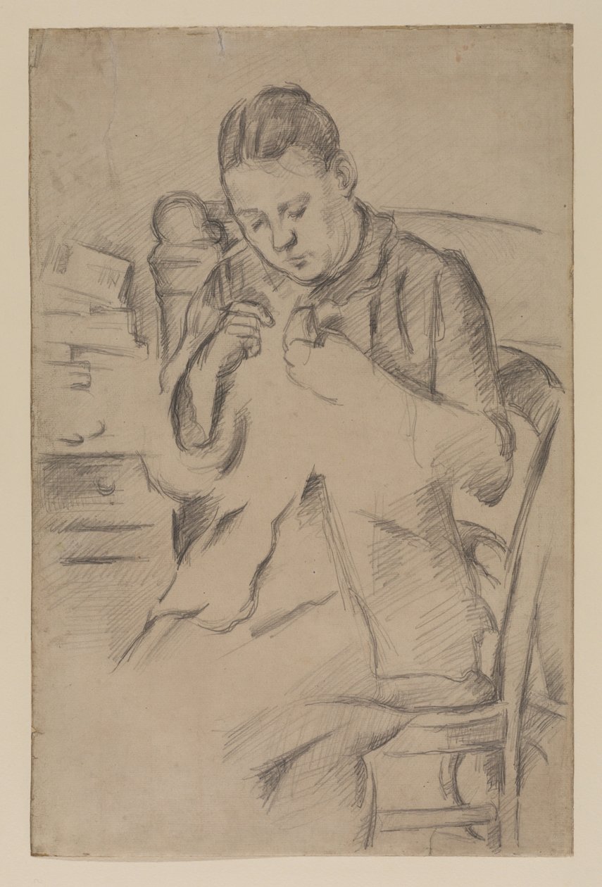 Hortense Fiquet, Madame Cezanne, szycie, ok. 1880 (ołówek na papierze) autorstwa Paul Cézanne