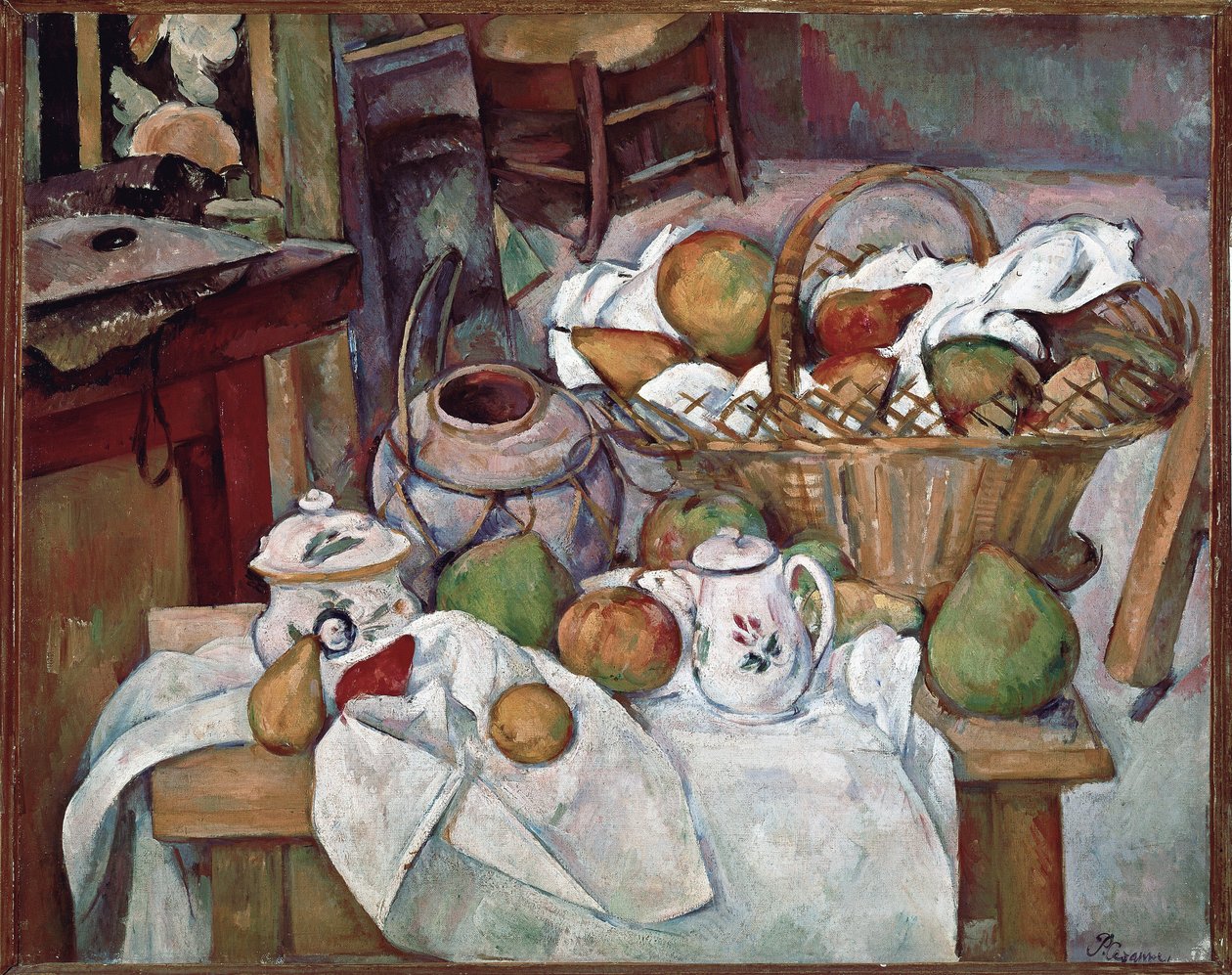 Stół kuchenny lub Martwa natura z koszem - olej na płótnie autorstwa Paul Cézanne
