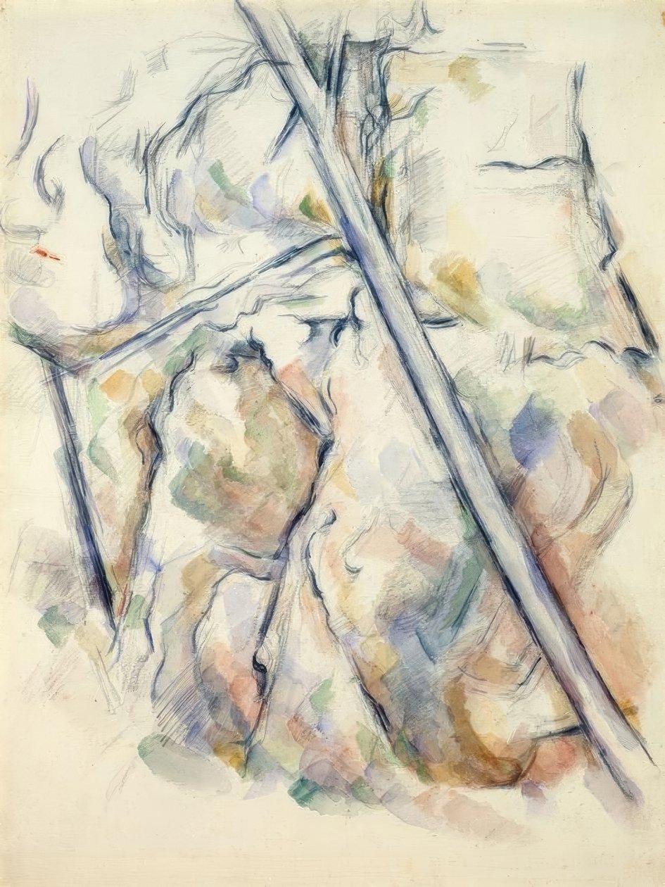 Sosna i skały w pobliżu jaskiń nad Château-Noir autorstwa Paul Cézanne