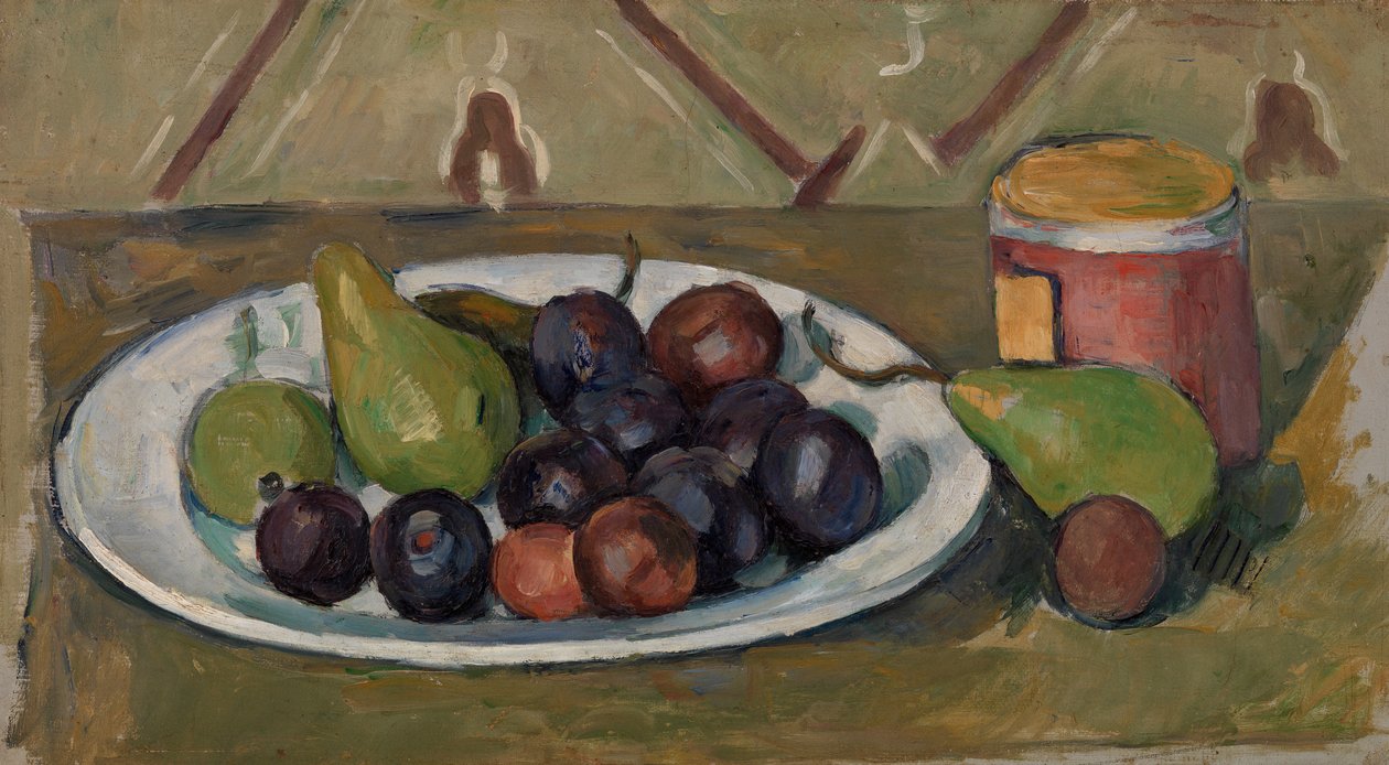 Talerz z owocami i garnkiem przetworów autorstwa Paul Cézanne