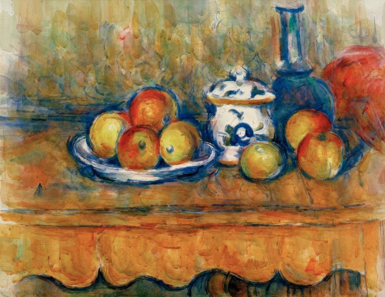 Jabłka, karafka i cukiernica autorstwa Paul Cézanne