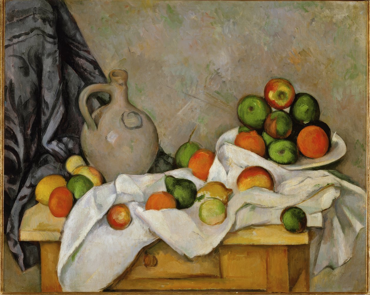 Zasłona, dzbanek i miska na owoce autorstwa Paul Cézanne