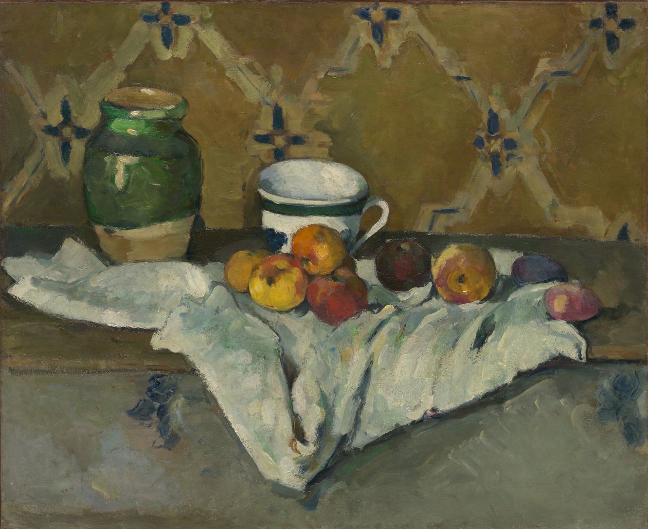 Martwa natura ze słoikiem, filiżanką i jabłkami, ok. 1877 r. autorstwa Paul Cézanne