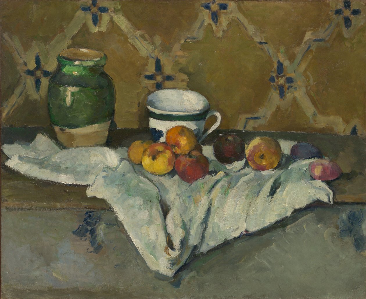 Martwa natura ze słoikiem, filiżanką i jabłkami, ca. 1877. autorstwa Paul Cézanne