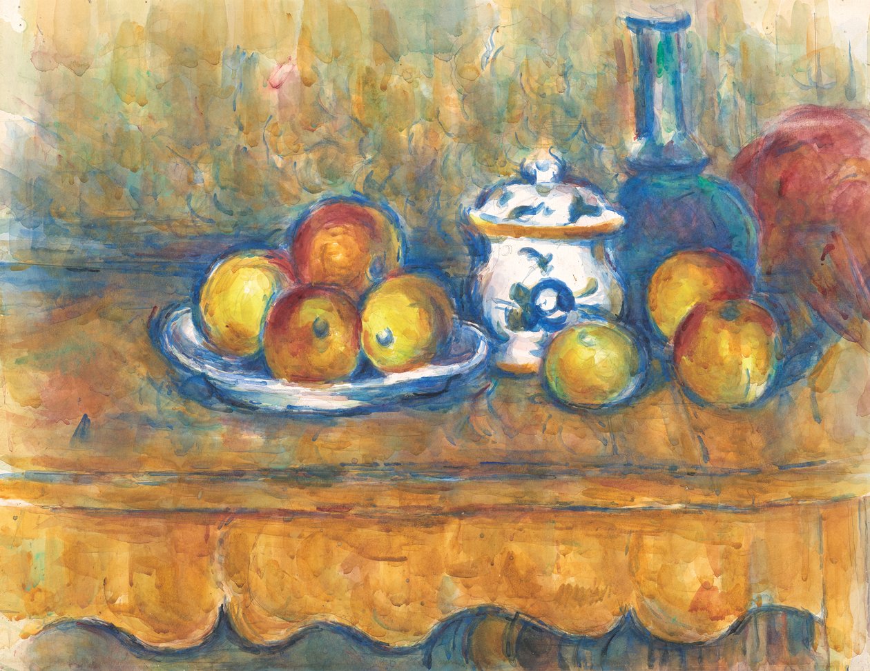 Martwa natura z niebieską butelką, cukiernicą i jabłkami autorstwa Paul Cézanne