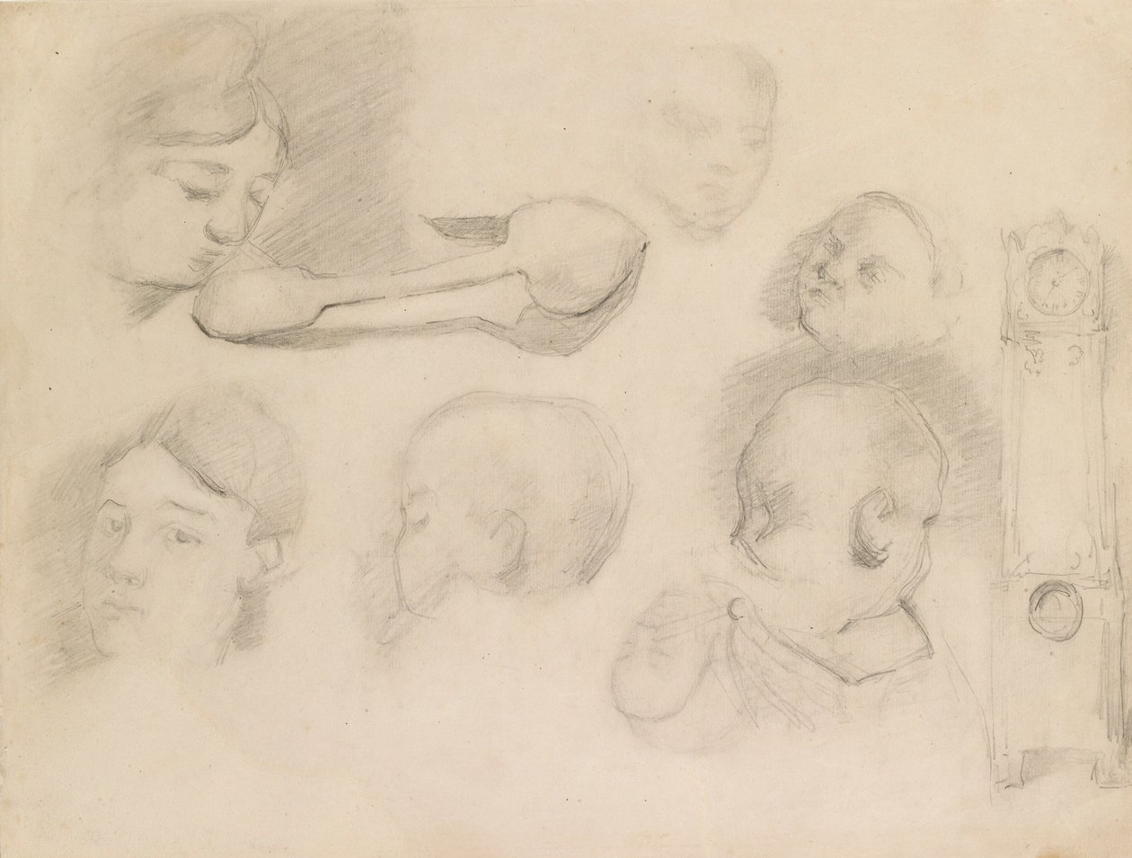 Studia głowy dziecka, głowy kobiety, łyżki i długiego zegara, ok. 1872 r. autorstwa Paul Cézanne