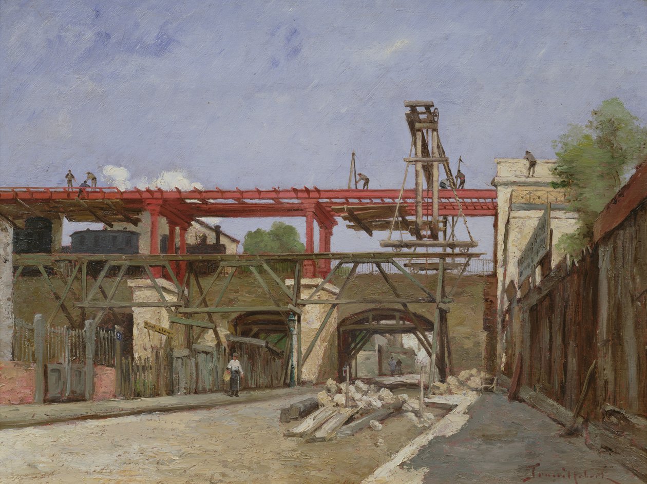 Robotnicy podnoszą tory kolejowe na obwodnicy na moście Rue de la Voute, Paryż, 1888 autorstwa Paul Desire Trouillebert
