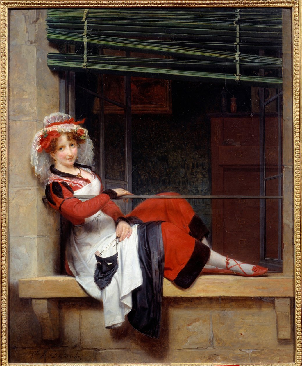 Oczekiwanie na maski balu Młoda kobieta siedzi na krawędzi okna. Obraz Paula Emile Destouches (1794-1874) XIX-wieczny Nantes musee des Beaux Arts autorstwa Paul Emile Detouche