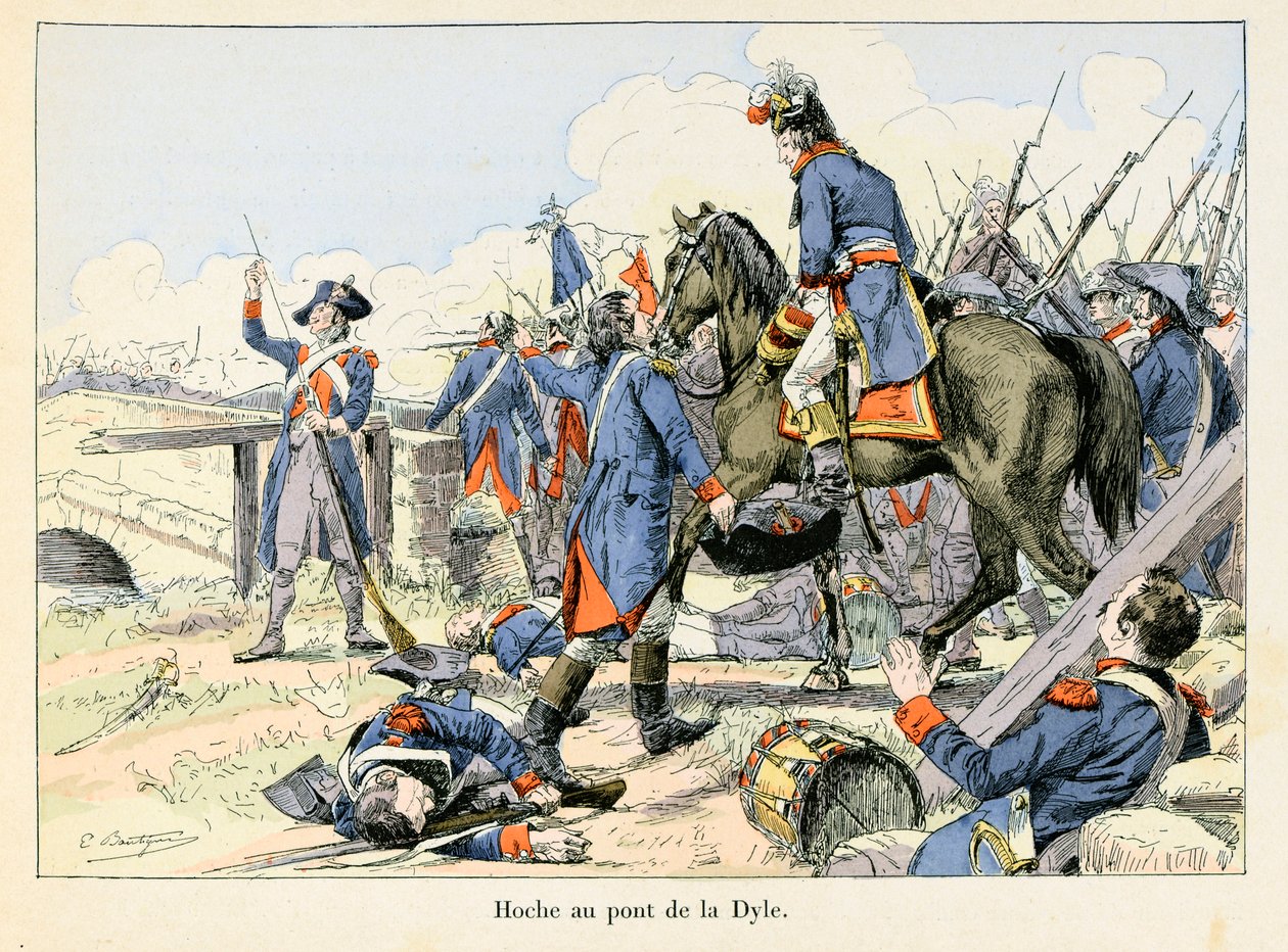 Hoche au pont de la Dyle: 1793 оны 3-р сард Левен (Бельги) хотын өмнөх Дайлын гарцан дээрх ухрах үеэр Лазаре Хоче (1768-1797) Австричуудын эсрэг тулалдаж байв - Эмиль Бутинни (1853-1929) Теодор Полигийн "Хоше-Марсо-Десай" autorstwa Paul Émile Boutigny
