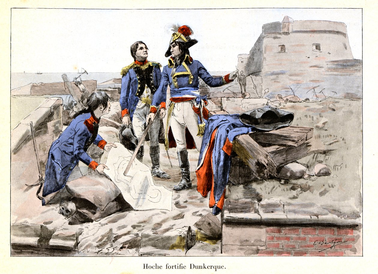 Hoche umacnia Dunkierkę: W 1793 r. chorąży generalny Lazare Hoche (1768-1797) broni Dunkierki przed Brytyjczykami, utrudniając wrogom prowadzenie miasta – ilustracja Emile Boutigny (1853-1929) w „Hoche-Marceau-Desaix ” przez Teodora autorstwa Paul Émile Boutigny