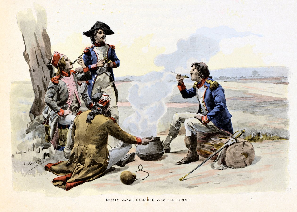 Louis Charles Antoine Desaix de Veygoux (1768-1800) je zupę ze swoimi ludźmi - Ilustracja Emile Boutigny (1853-1929) W „Hoche-Marceau-Desaix” autorstwa Theodore Cahu (1854-1928) - Kolekcja prywatna - Louis Charles Antoine Desaix de Veygoux (1768-1800) i in autorstwa Paul Émile Boutigny