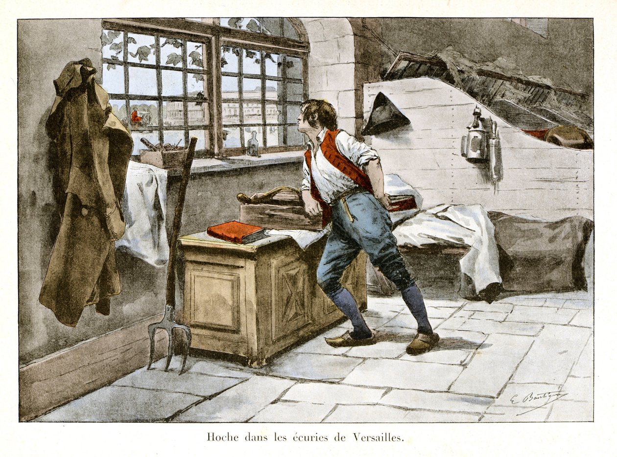 Grzechot w stajniach Wersalu: Lazare Hoche (1768-1797) wszedł do królewskich stajni w wieku 14 lat jako nadrzędny asystent - Ilustracja Emile Boutigny (1853-1929) W „Hoche-Marceau-Desaix” Theodore Cahu (1854-1928) ) - Prywatna kolekcja autorstwa Paul Émile Boutigny