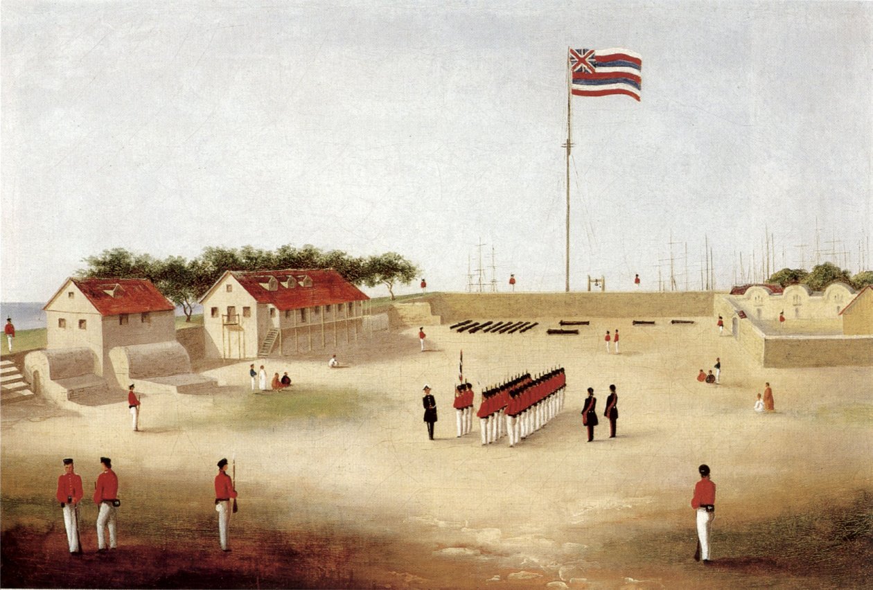 Widok fortu Honolulu, ok. 1853 (olej na płótnie) autorstwa Paul Emmert