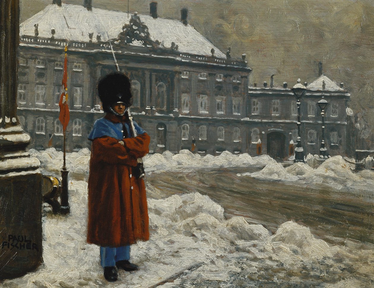 Królewski ratownik na służbie przed Pałacem Królewskim Amalienborg, Kopenhaga, autorstwa Paul Fischer