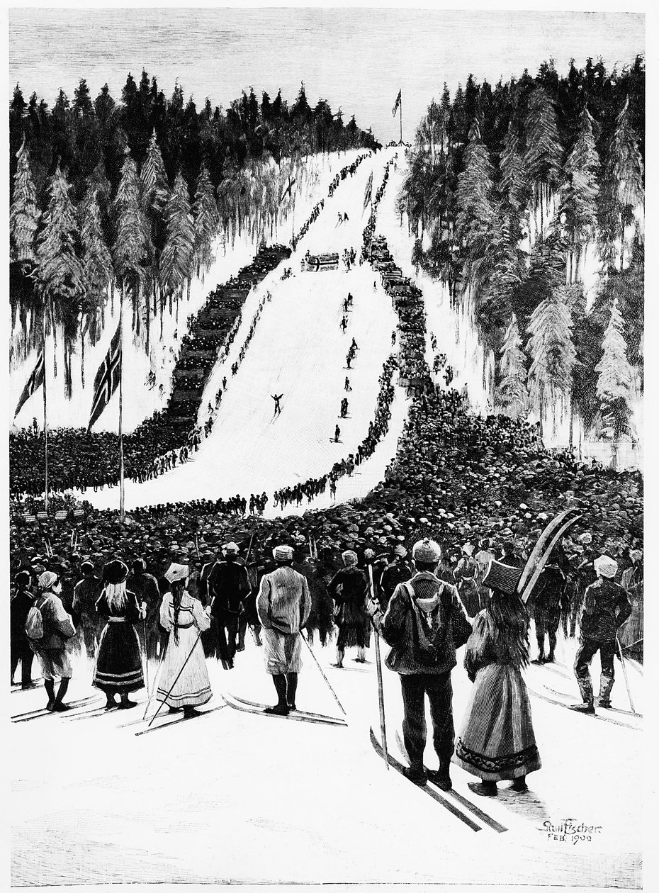 Narciarstwo: Norweskie derby, wyścig narciarski - rysunek Paula Fishera, luty 1900, Bibl. des Art Deco. autorstwa Paul Fischer