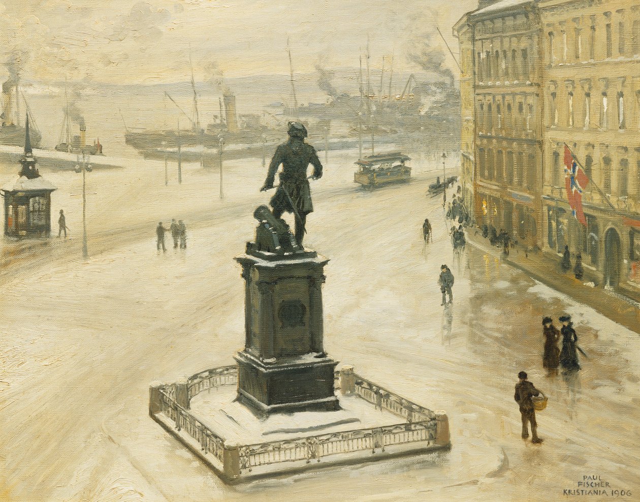 Statua Tordenskiolda twarzą do Piperviken, port w Oslo, 1906 autorstwa Paul Fischer