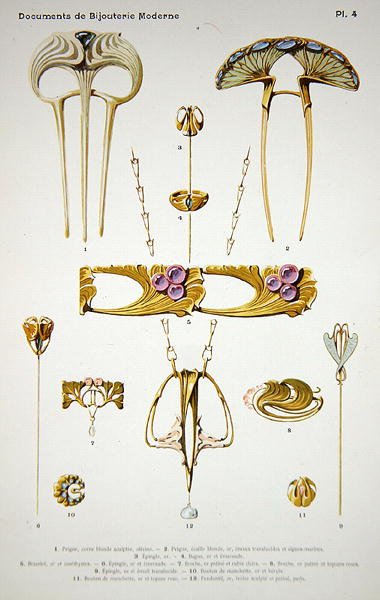 Projekty biżuterii, płyta 4 z „Documents de Bijouterie et Orfeverie modernes”, wyd. Henri Laurens, Paryż, ok. 1900 (barwione chromolitho) autorstwa Paul Follet
