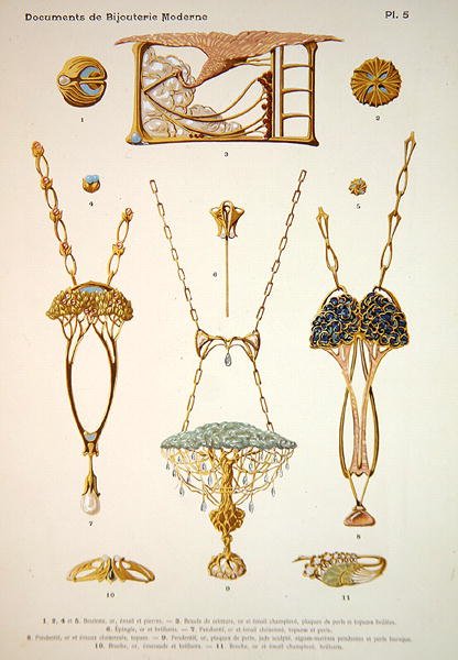 Projekty biżuterii, płyta 5 z „Documents de Bijouterie et Orfeverie modernes”, wyd. Henri Laurens, Paryż, ok. 1900 (barwione chromolitho) autorstwa Paul Follet