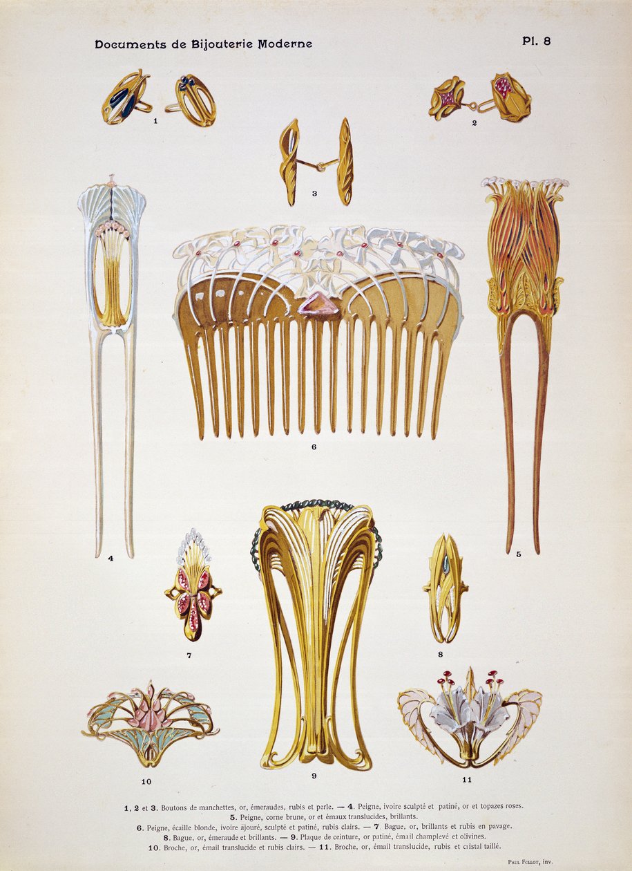 Wzory biżuterii, tablica 8 z "Documents de Bijouterie et Orfeverie modernes", opublikowana przez Henri Laurens, Paryż, ok. 1900 (barwiona chromolitografia) autorstwa Paul Follet