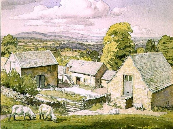 Farma Cotswold. 1928 (akwarela na papierze) autorstwa Paul Fripp